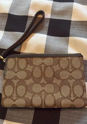 Coach Signature Canvas Wristlet - Brown Tan C Logo - Zip Wristlet Wallet thumbnail 1