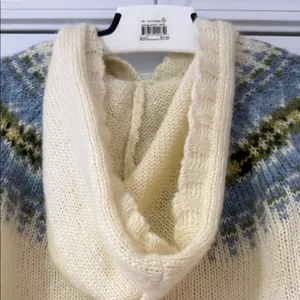 Eddie Bauer Sweater sz M Wool Mohair Blend Hooded Nordic Fair Isle ivory blue thumbnail 7