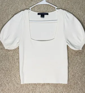 French Connection White Ribbed Square Neck Puff‎ Sleeve Sweater Top Small thumbnail 1