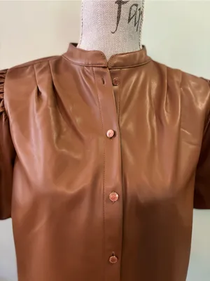 Industry Republic Clothing Brown Faux Leather Puff Sleeve Button-Down Top thumbnail 3
