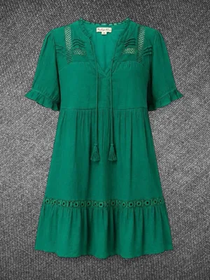 Indigo Rose Women’s M Green Boho Lace Trim Tassel Tiered Midi Dress thumbnail 1