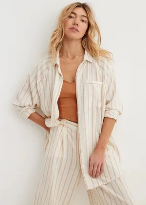 Aerie Striped Linen Blend Buttondown Coverup Shirt thumbnail 1