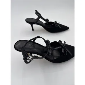 J Crew Double Bow Slingback Heels Black Size 8.5 Pointed Toe Suede Feel thumbnail 2