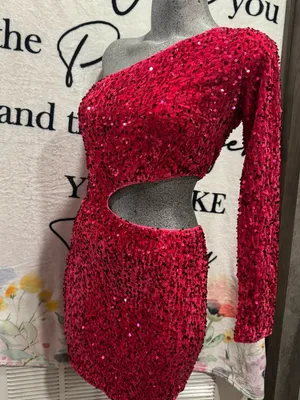 Sexy Sequined Off Shoulder Party Mini Dress Pink Size XS thumbnail 5