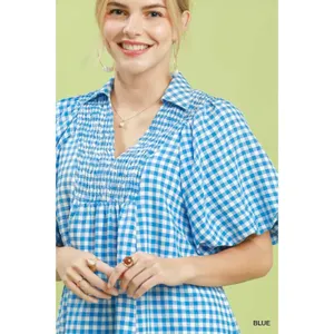 Umgee Smocked Yoke Puff‎ Sleeve Gingham Blouse - Small thumbnail 5
