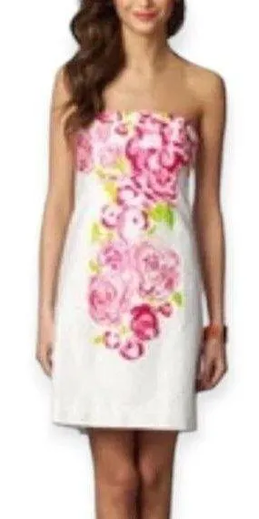 Lilly Pulitzer | Size 0 | Bowen White Pink Floral Trellis Print Strapless Dress thumbnail 2