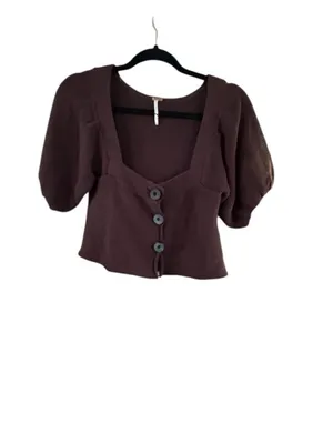 Free People Brown Cropped Puff Sleeve Cardigan thumbnail 2