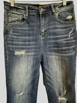 Risen Jeans Women’s 9/29 Mid Rise Distressed Bootcut Jeans Raw Hem Stretch Denim thumbnail 2