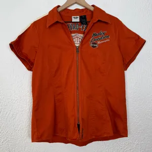 Harley Davidson Women's Orange Full Zip Embroidered Front Short Sleeve Shirt XL thumbnail 1
