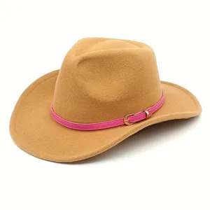 Beige Cowboy Cowgirl Western Felt Hat with Pink Band Buckle, Rodeo Party Costume thumbnail 1