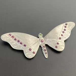 Vintage Silver Tone Rhinestone Butterfly Moth Brooch Pin Purple & Green Stones thumbnail 2