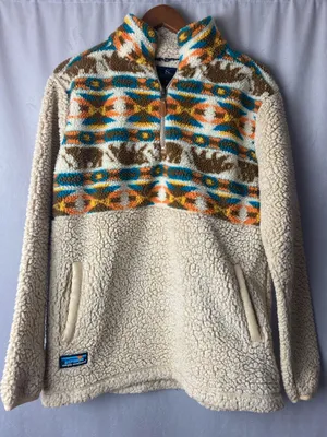 Simply Southern Cream Sherpa Zip Pullover with Teal & Orange Pattern thumbnail 1