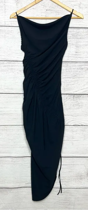 Abercrombie & Fitch Black Asymmetrical Bodycon Ruched Midi Dress Size XXS thumbnail 1