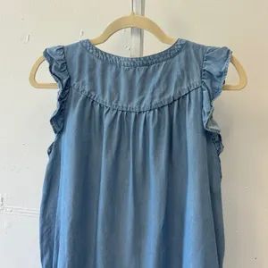 LOFT Blue Lyocell Chambray Ruffle Sleeve Henley Blouse Top Large Casual Office thumbnail 6