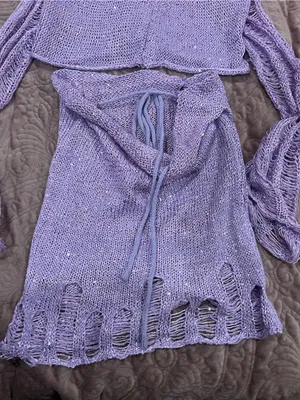 Handmade Lavender Knit three- Piece Crop Top & Skirt Set - Women Intimates & Sleepwear thumbnail 2