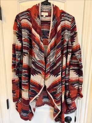 LUCKY BRAND Open-Front Striped Cardigan in Rust Burgundy Navy & Cream Size Large thumbnail 1
