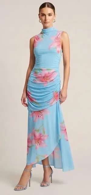 NWT Sincerely Jules Maxi Dress mock neck ruched Pink Floral Print stretchy mesh thumbnail 1