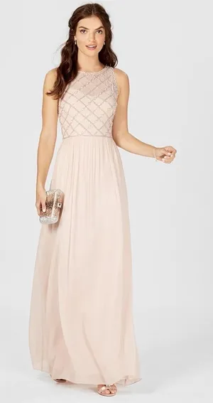 Adrianna Papell Beaded Bodice Sleeveless Blush Maxi Gown Size 2 thumbnail 1