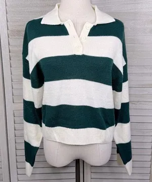 H&M (Divided) Cropped Rugby Stripe Sweater Green/White-Small thumbnail 1