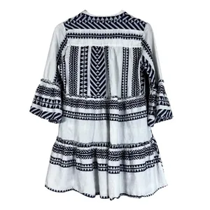 Mi Ami White Blue 100% Cotton Textured 3/4 Sleeve Tiered Mini Dress thumbnail 5