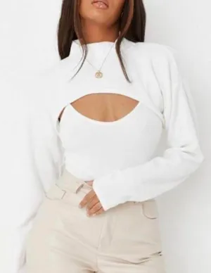 Missguided White Fluffy Rib High Neck Cut Out Bodysuit thumbnail 1