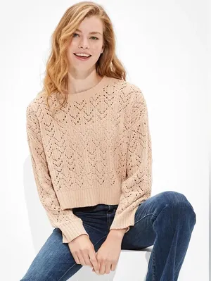 AE American Eagle Cropped Pointelle Crew‎ Neck Sweater XL thumbnail 1