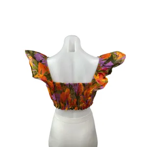 Farm Rio Coral Pears Short Ruffle Sleeve Square Neck Blouse Crop Top Size XSP thumbnail 4