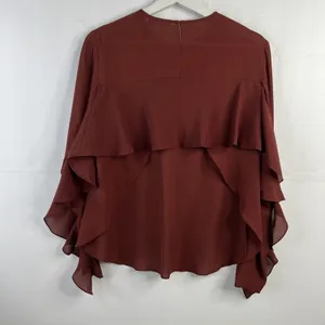 ALC Frank Size 4 Silk Blouse Open Back Ruffle Sleeve Burgundy Elegant Evening Top thumbnail 14