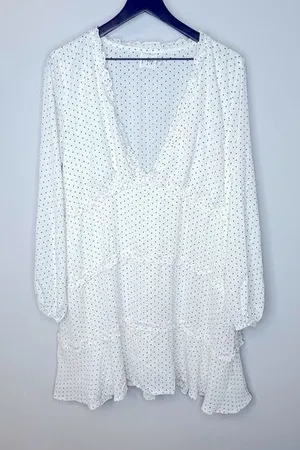 Polly Black and White Polka Dot‎ V-Neck Tiered Dress Size 12 thumbnail 1