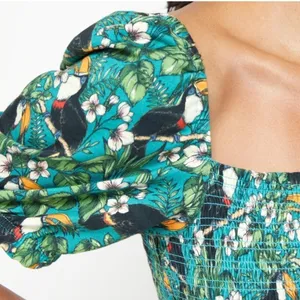Like New Anthro Dolan Toucan Print Smocked Puff Sleeve Top Size Small thumbnail 2