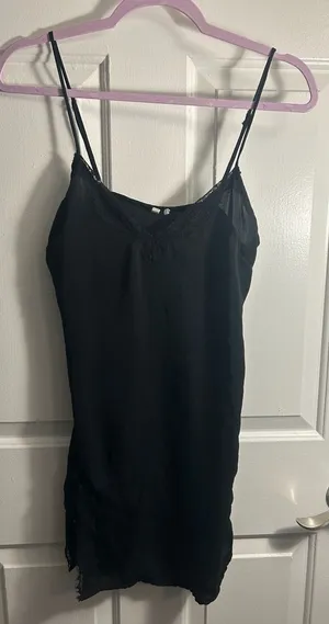 Out From Under Black Satin Lace-Trim Asymmetric Slip Dress thumbnail 1