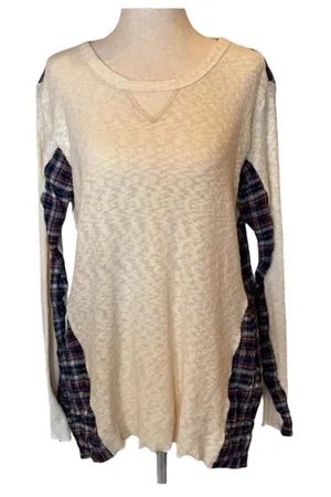 Pete Cream Front Plaid‎ Back Slub Cotton Top M thumbnail 1