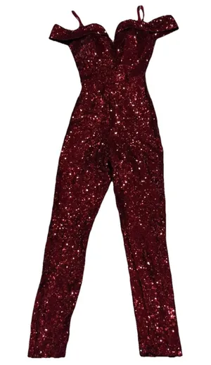 B. SMART Burgundy Sequin Prom Jumpsuit Off-The-Shoulder Sweetheart Gala Size 3/4 thumbnail 1