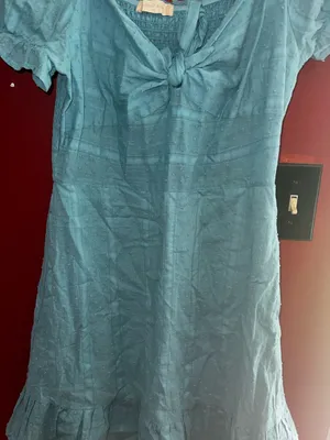 Altar'd State Swiss Dot Smocked Tie-Front Mini Dress Teal Cottagecore Cotton Med thumbnail 4