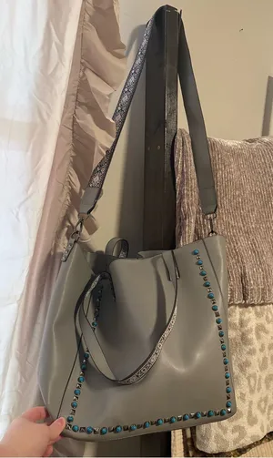 Women's Grey Tote Bag with Turquoise Stud Accents thumbnail 1