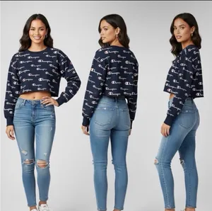 Champion All-Over Logo Print Cropped Crewneck Sweatshirt - Navy Blue thumbnail 2