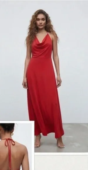 Zara Red Cowl-Neck Halter Maxi Dress thumbnail 1