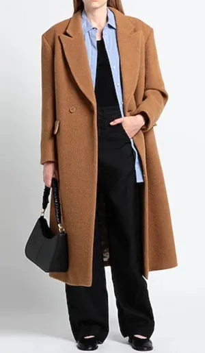 Sandro Straight Cut Brushed Wool Coat Double Breasted Long Camel Brown 36 S thumbnail 1
