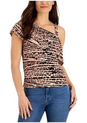 NWT Willow Drive Ruffled One-Sleeve Knit Top Safari Cheetah Brown Multi L thumbnail 1