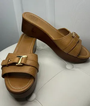 Tory Burch Cognac Leather Wood Platform Wedge Sandals Gold Buckle Mules 7.5 thumbnail 1
