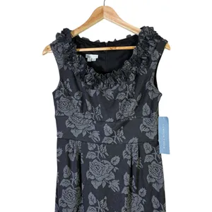 NWT London Times Floral Ruffle Sheath Dress Womens 8 Black Knit Modest Church thumbnail 3