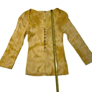 Y2K Free People XS Button Hanley Top‎ 3/4 Sleeve Gold Yellow Pointelle Coquette thumbnail 10