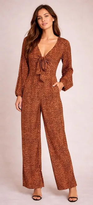 ✨ L*Space Danika Jumper Leopard Print Long Sleeve Wide Leg‎ Jumpsuit Sz S NWT ✨ thumbnail 1