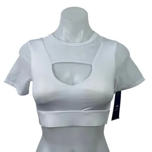 NEW J. Ing Women's White Short Sleeve Cutout Mesh Crew Neck Crop Top Size XS thumbnail 1