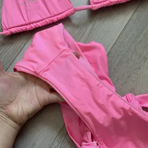OneOne Swimwear Bikini triangle halter high cut cheeky womens Pink medium bright thumbnail 4