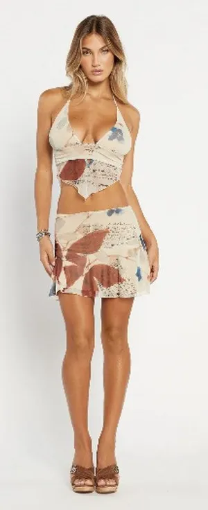 Tiger Mist Feyra Beige Low Waist Graphic Print Butterfly A Line Mini Skirt Sz L thumbnail 1
