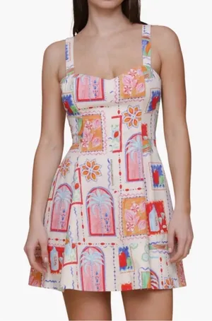 Avec Les Filles Sweetheart Neck Mini Dress Painted Print A-Line Sundress Size 6 thumbnail 1