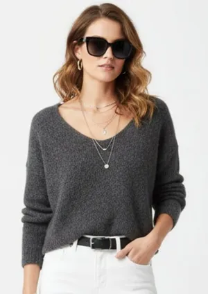 Free People Gray Cropped Long Sleeve Alpaca Wool V Neck Sweater M thumbnail 1