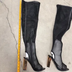 Bamboo Black Mesh Over The Knee Boots Open Toe Gold Block Heel Womens 7 thumbnail 9