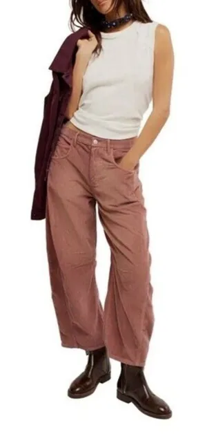 Free People Good Luck MID RISE Barrel Leg Corduroy Pants Withered Rose Size 29 thumbnail 1